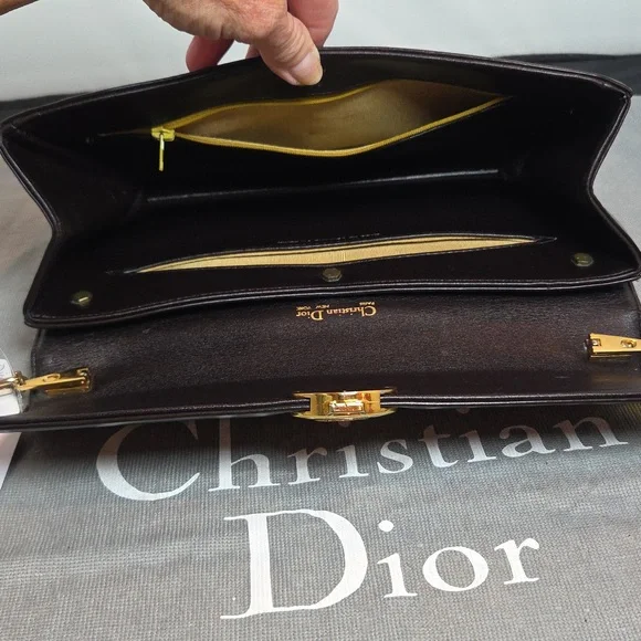 DIOR Rare 1970s Collectable Brown leather 2-way shoulder/clutch bag excellent - Picture 15 of 17